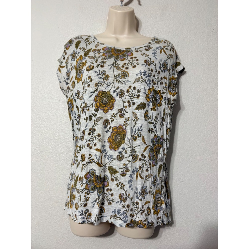 Rachel Ashwell Floral Linen Knit Button Back Top Gray Mustard Purple M